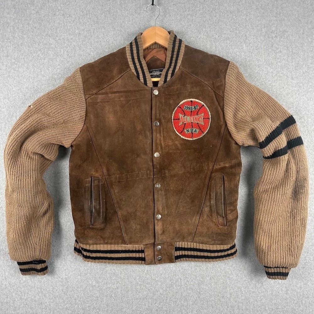 Vintage Broadway Men 1980's NBA All Stars Leather Suede Bomber Varsity‎ Jacket M